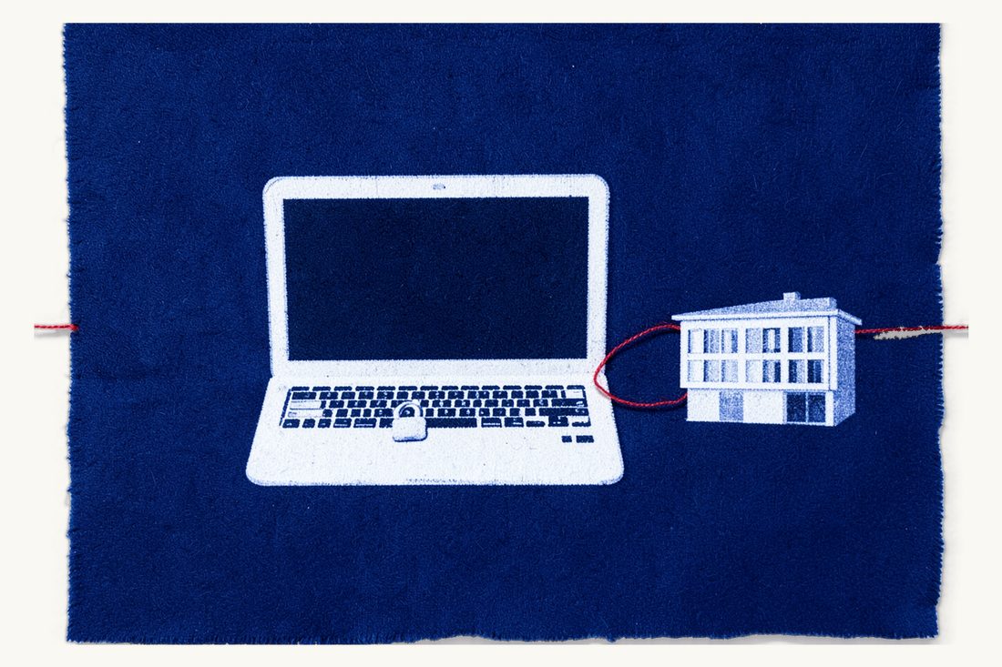 Data protection compliance for companies in Türkiye: a large laptop with a dark screen and a closed padlock on its keyboard, a red thread running to a small office block