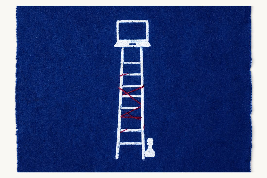 A step-by-step compliance roadmap: a tall ladder with a red thread winding up its rungs from a chess pawn at the foot to a laptop at the top