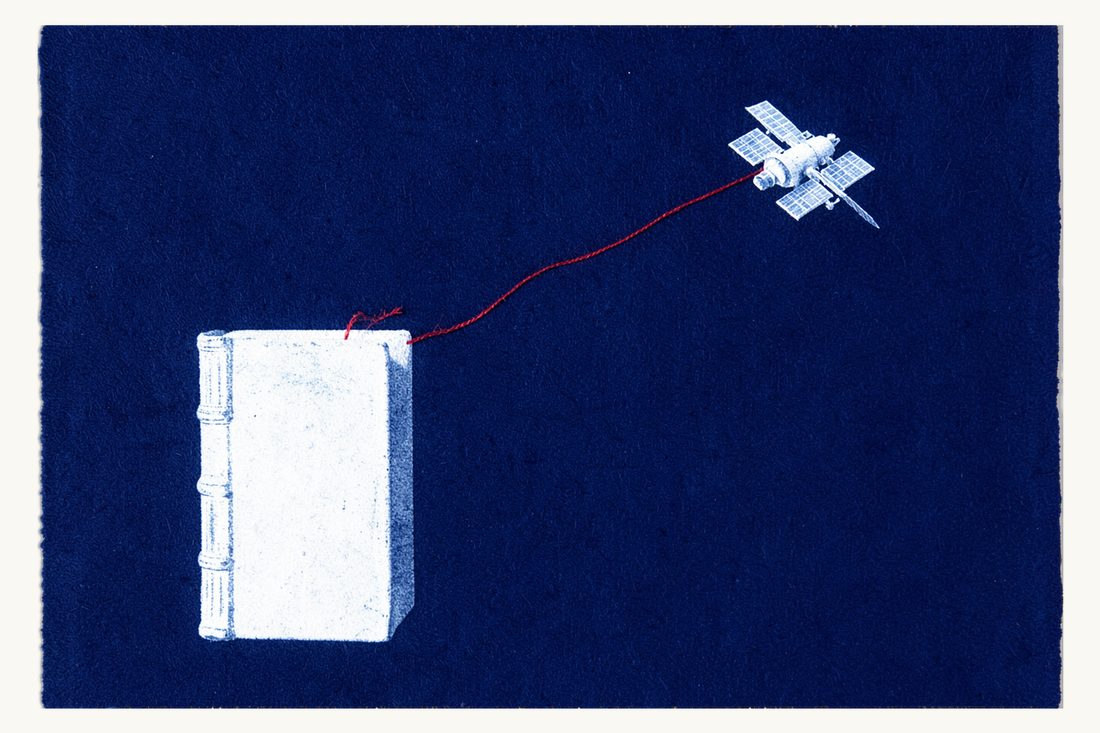 Legal gaps in the militarization of outer space: a large thick antique book at lower left and a small satellite at upper right, a red thread rising from the book but stopping short of the satellite, cyanotype print