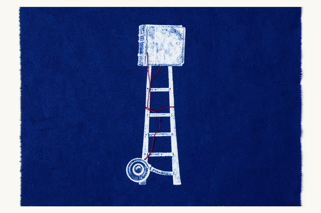 How a medical malpractice claim proceeds step by step: a tall ladder with a stethoscope at its foot and an antique book at the top, a red thread climbing the rungs, cyanotype print