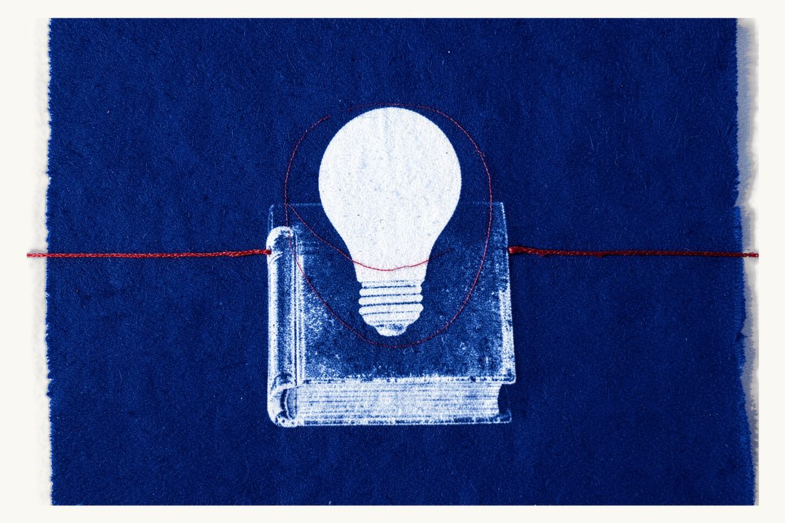Trademark law and rights in Turkey: a large lightbulb resting on a closed antique book, circled by a closed red thread ring, cyanotype print