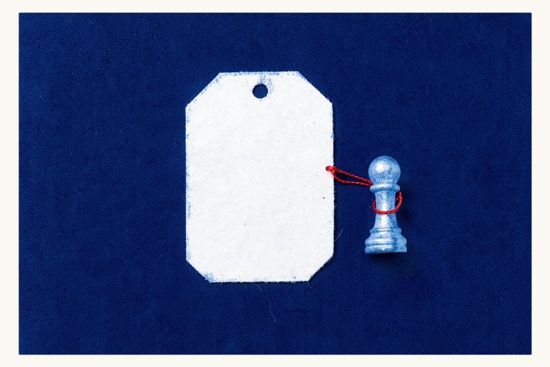 The rights a trademark confers on its owner: a large blank swing tag tied by red thread through its hole to a small chess pawn, cyanotype print