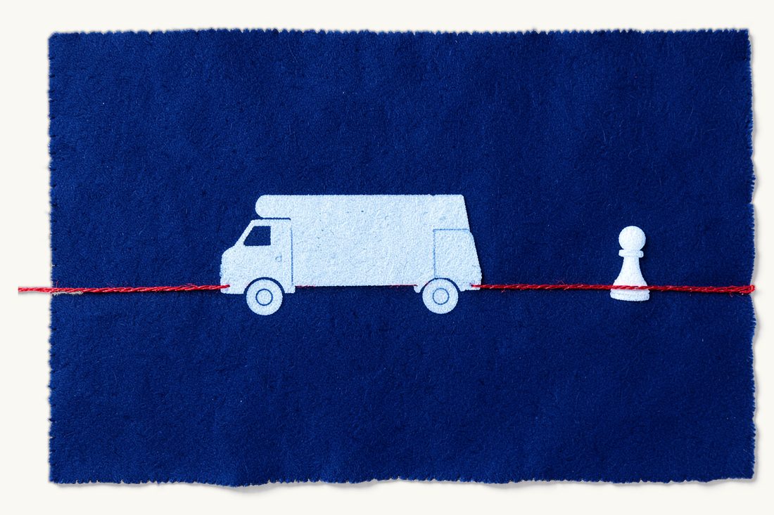 Transport documents as evidence of carriage: a large delivery truck on a long horizontal red thread road, a folded sheet of paper beside its cab and a chess pawn waiting at the road's far end, cyanotype print