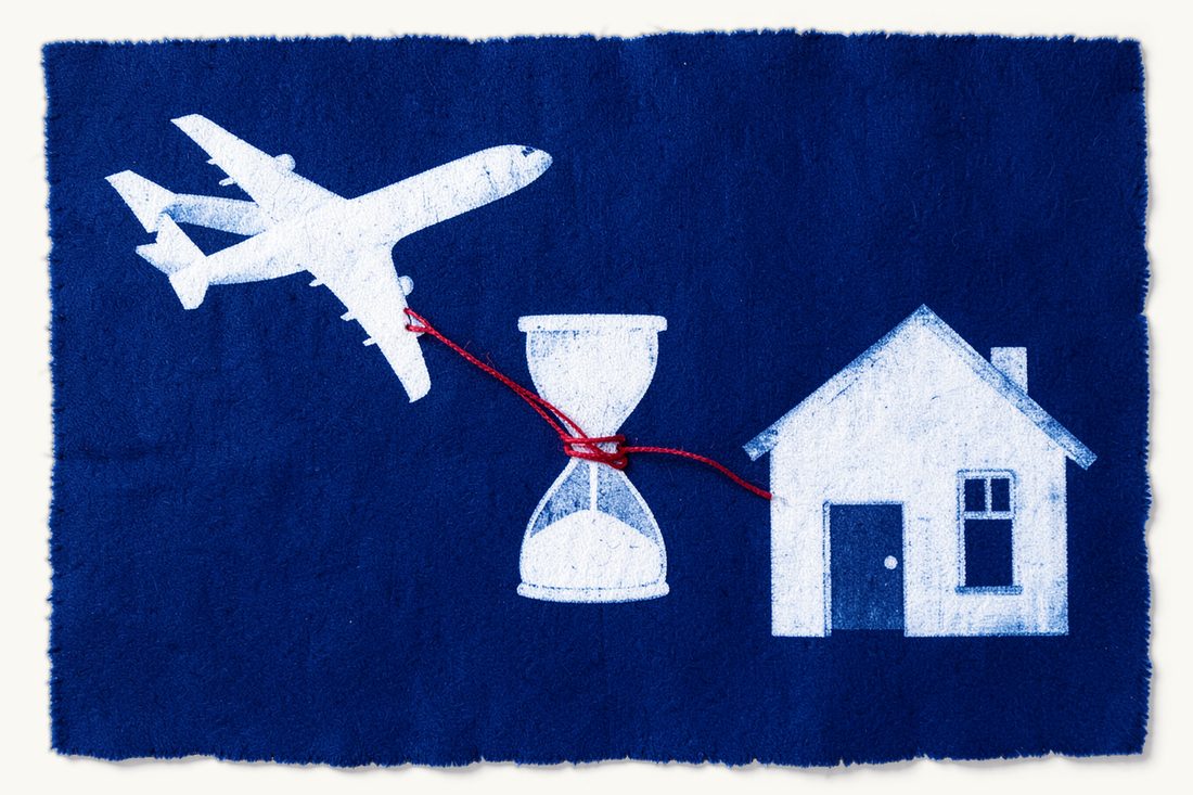 Turkey residence permit after visa-free entry: a passenger airplane at upper left, an hourglass with red thread at its waist, and a house with the thread ending at its door, cyanotype print