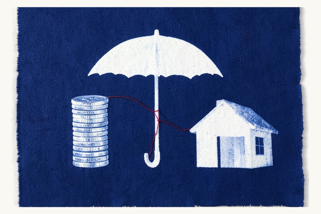 Health insurance, income and address proof: a large open umbrella, a stack of coins seen edge-on and a house with a pitched roof, joined by one red thread, cyanotype print