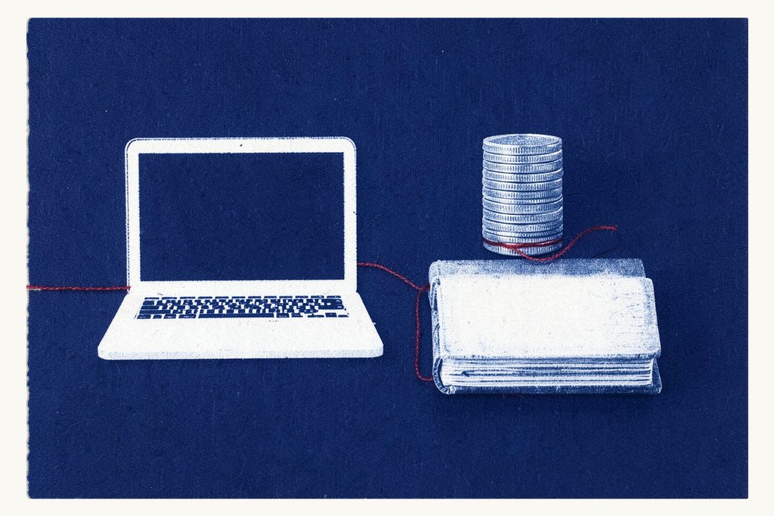Licensing and rules for crypto-asset businesses: a large laptop and a tall stack of silver coins seen edge-on resting on a thick antique book, joined by a red thread