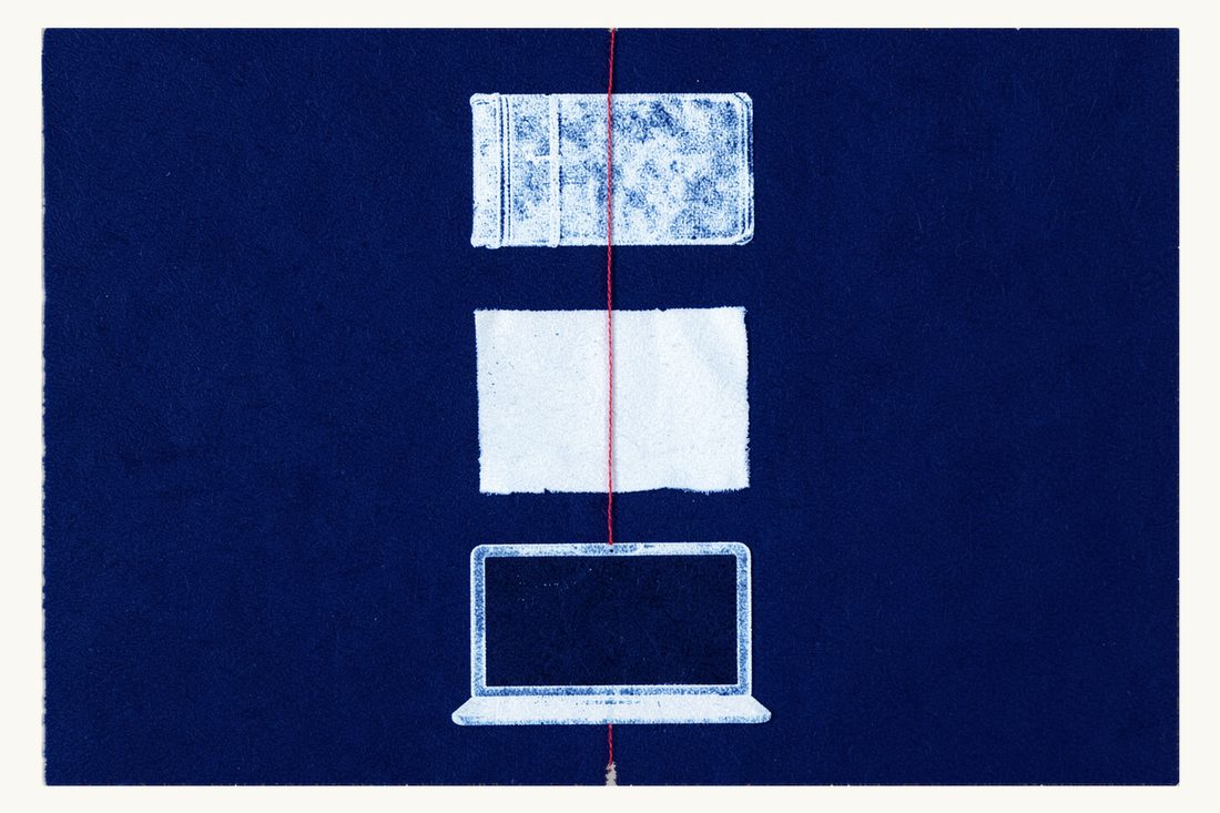 Source of payment-institution duties in central bank regulation: a thick antique book, a blank folded sheet and a laptop, joined by a descending red thread, cyanotype print