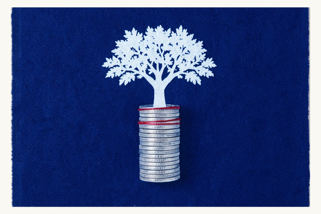 Earning returns on a bank deposit: a tall coin stack with a leafy tree growing from its top and a red thread wound once around its middle, cyanotype print