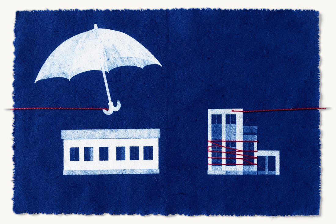 Penalties, investigations and leniency in competition law: an open umbrella sheltering one office block while an identical block outside it is bound with red thread, cyanotype print