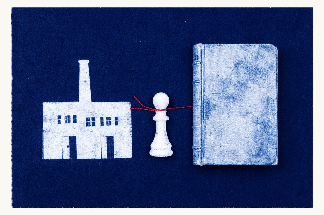 Turkish labour courts, jurisdiction and process: a large factory with a chimney and an upright antique book, a chess pawn between them and a red thread joining all three, cyanotype print
