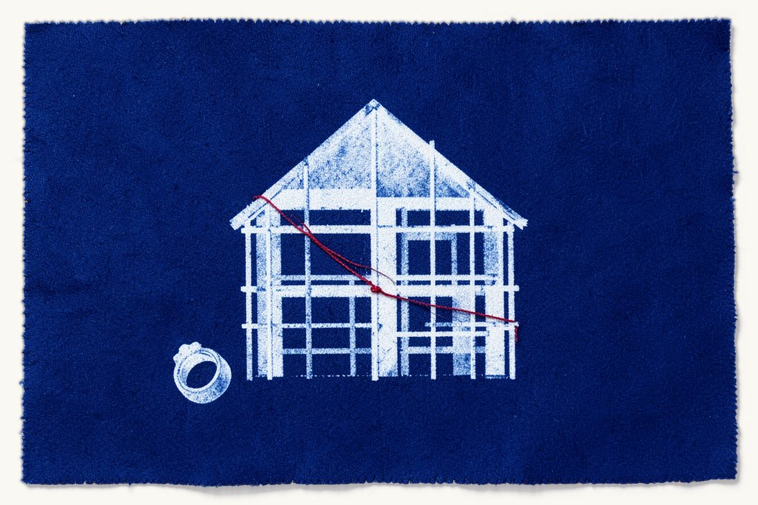 A spouse's contribution claim on the other spouse's property: a large half-built house in scaffolding, a red thread running from a wedding ring up to its unfinished wall, cyanotype print