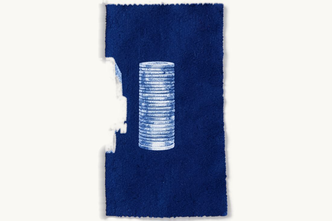 Customs duty on goods entering Turkey: a large delivery truck halted at a vertical red thread line, a tall stack of coins waiting on the other side, cyanotype print