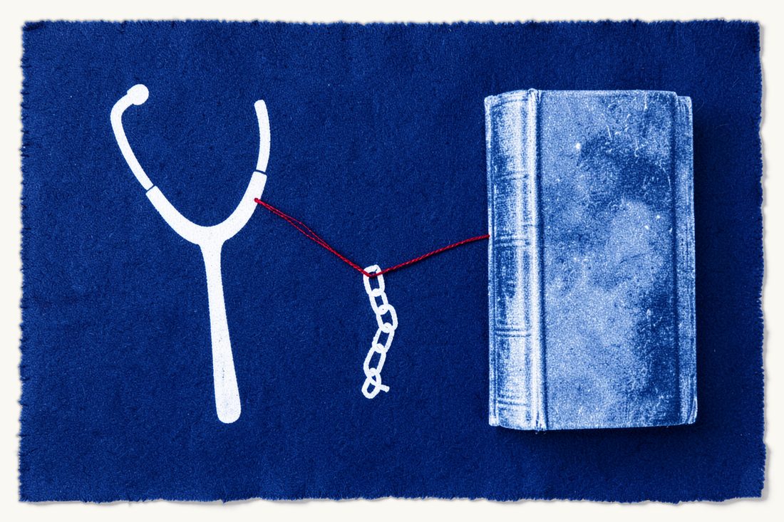 Doctor liability for malpractice in Turkey: a large stethoscope with a chain with one broken link hanging from it, joined by a red thread to a thick antique book, cyanotype print