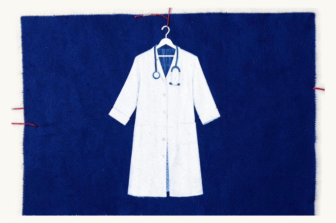 Criminal and disciplinary liability of a doctor: an empty doctor's coat on a hanger, a stethoscope round its collar, its sleeves bound together at the cuffs with red thread, cyanotype print