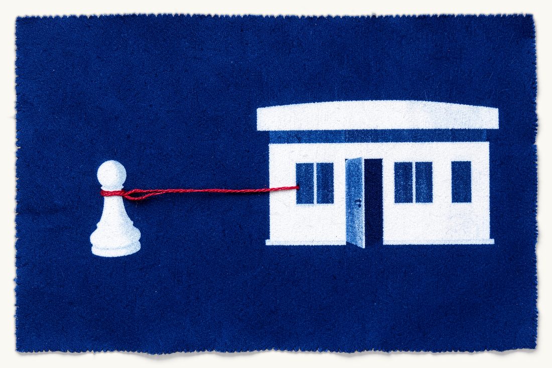 Challenging a dismissal and returning to work in Türkiye: a pawn joined to the half-open door of a large office block by a red thread cut and knotted back together, cyanotype print