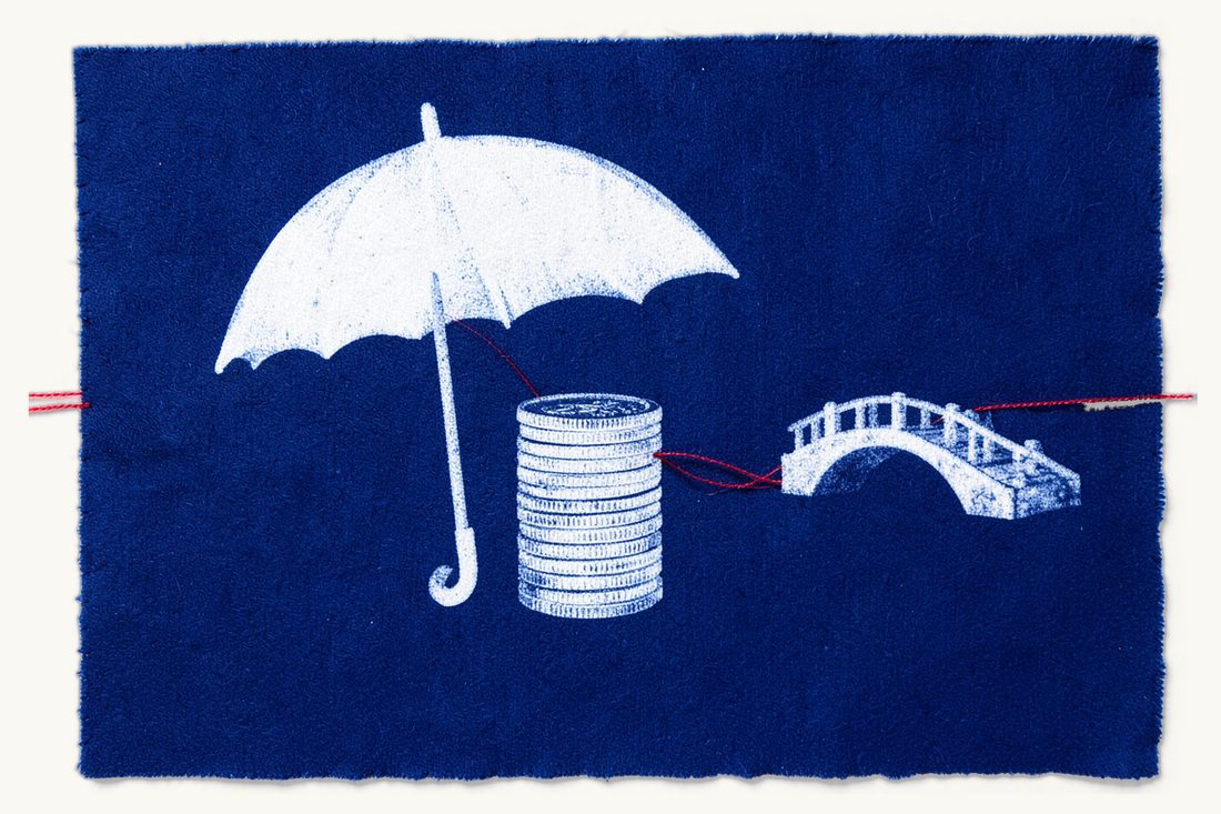 Avoiding double tax on Turkish income: a large open umbrella sheltering a tall stack of coins seen edge-on, with a small arched bridge behind, joined by a red thread, cyanotype print