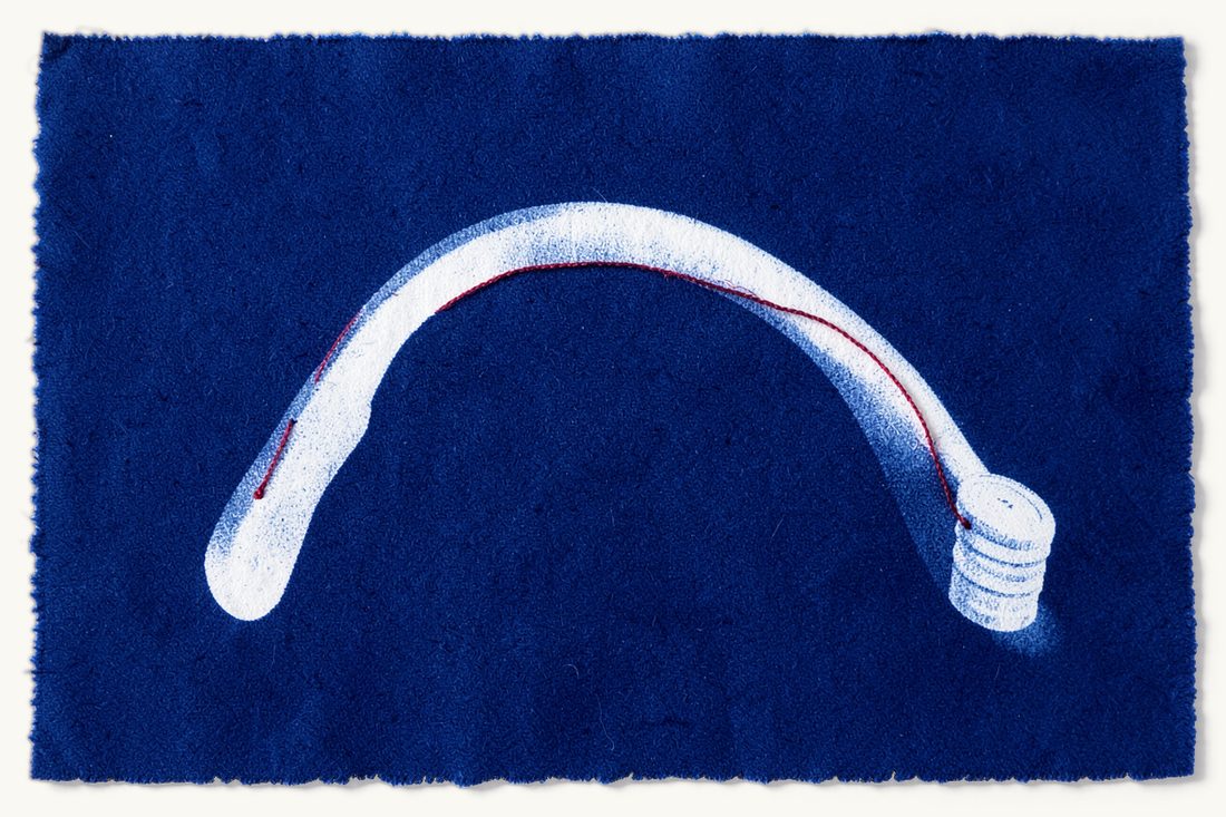 Getting input VAT refunded to the business: a large boomerang with a red thread tracing its outward and return path back to a short coin stack, cyanotype print