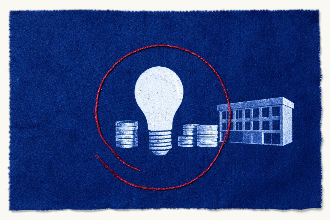 Setting up a venture capital fund (GSYF) in Türkiye: a red circle enclosing a lightbulb among short stacks of coins, an office block standing just outside on the right, cyanotype print