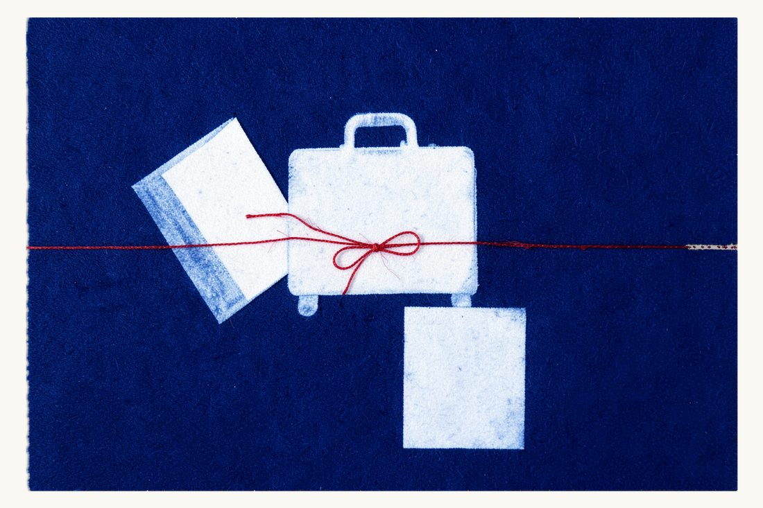 Documents a foreign visitor must bring: a large suitcase with a document folder leaning on it, a blank sheet in front and a red thread tying folder to suitcase, cyanotype print