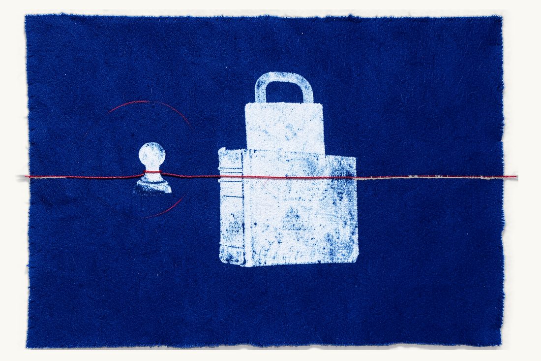 Foreigner arrested or charged in Türkiye: a large antique book with a padlock resting on it, a pawn standing inside a tight closed red thread ring at the left, cyanotype print
