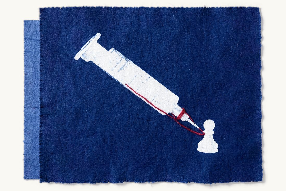 Medical malpractice claims in Turkey: a large syringe lying diagonally, a red thread knotted round its barrel and pulled taut down to a small chess pawn below the needle, cyanotype print