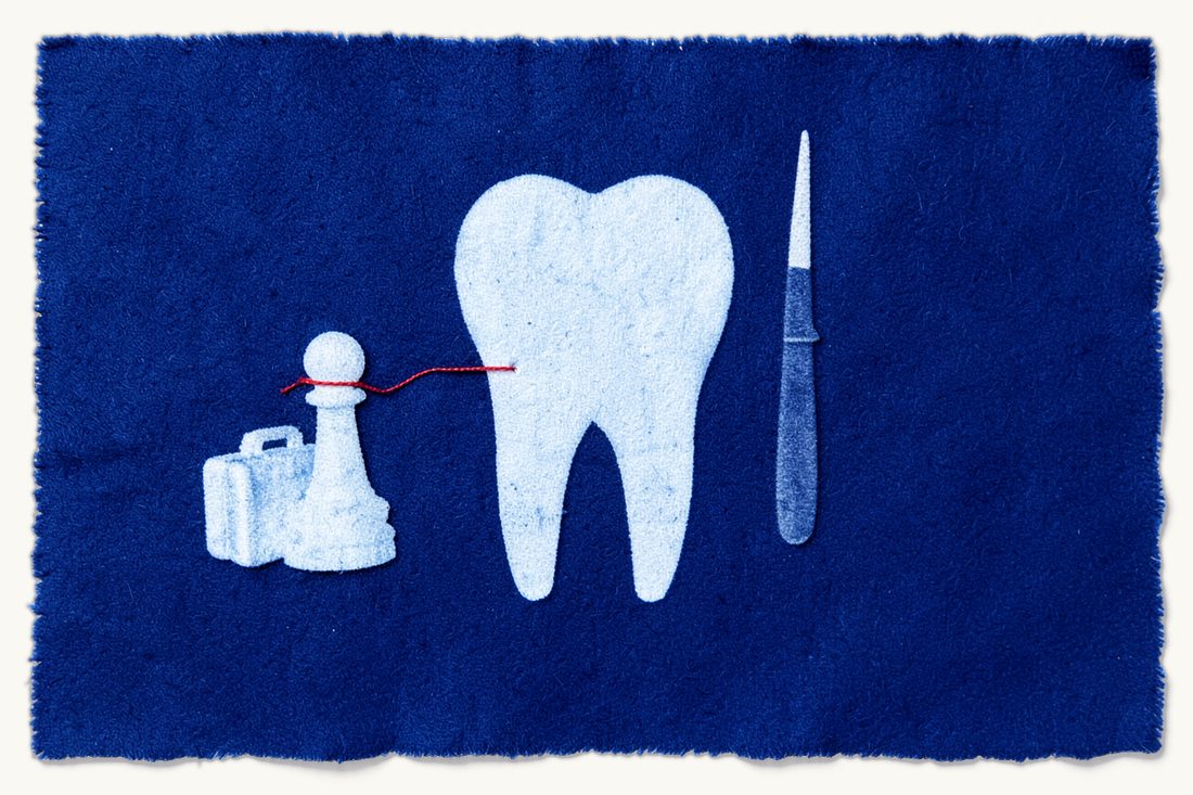 Patient consent in medical malpractice claims: a tooth with a scalpel beside it, a pawn with a small suitcase at the left, a red thread running from the suitcase to the tooth, cyanotype print