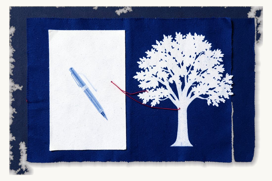 Wills and estate planning in Türkiye for foreigners: a blank sheet of paper with a fountain pen on the left, joined by a red thread to a large leafy tree on the right, cyanotype print