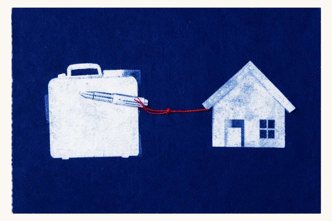 How a will made abroad is treated in Türkiye: a large suitcase with a blank sheet and fountain pen on top, joined by a red thread with a loose knot to a house, cyanotype print