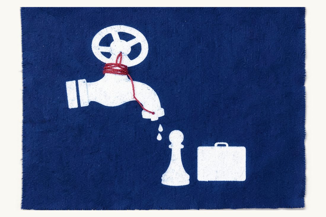 Withholding tax on payments to non-residents: a large water tap pinched by a red thread lets only a few drops fall toward a chess pawn with a small suitcase, cyanotype print