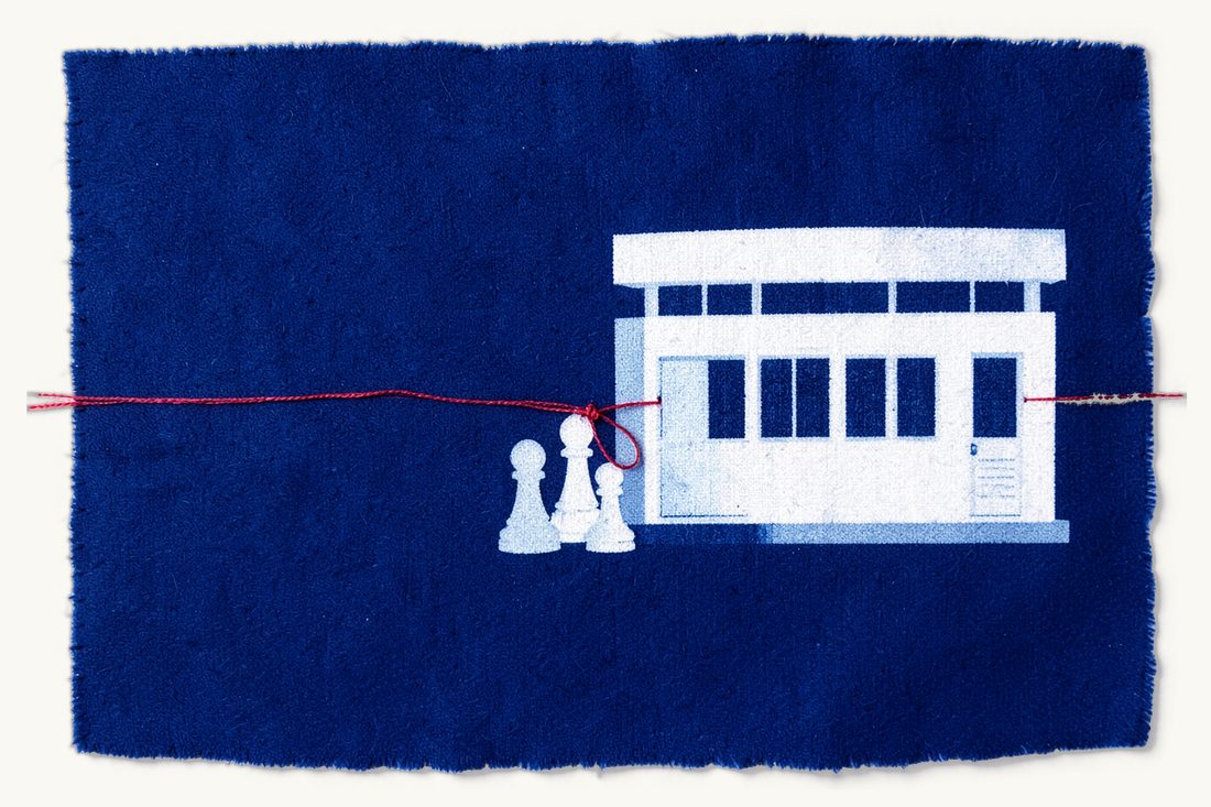 Work permit for foreign employees in Türkiye: a large office block, a chess pawn at its door and a document folder tied to the pawn by a red thread, cyanotype print