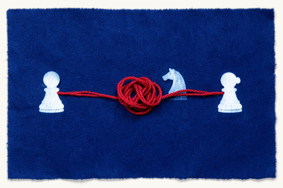 Arbitration and dispute resolution in Türkiye: a large tangled knot of red thread between two distant chess pawns, a chess knight loosening it, cyanotype print