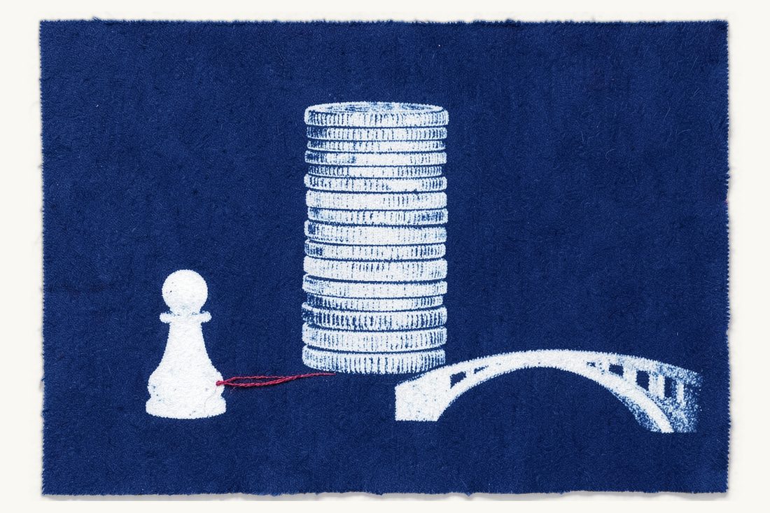 Banking, finance and fintech law in Türkiye: a tall stack of plain silver coins seen from the side beside a small arched bridge, a red thread running from a chess pawn to the stack, cyanotype print