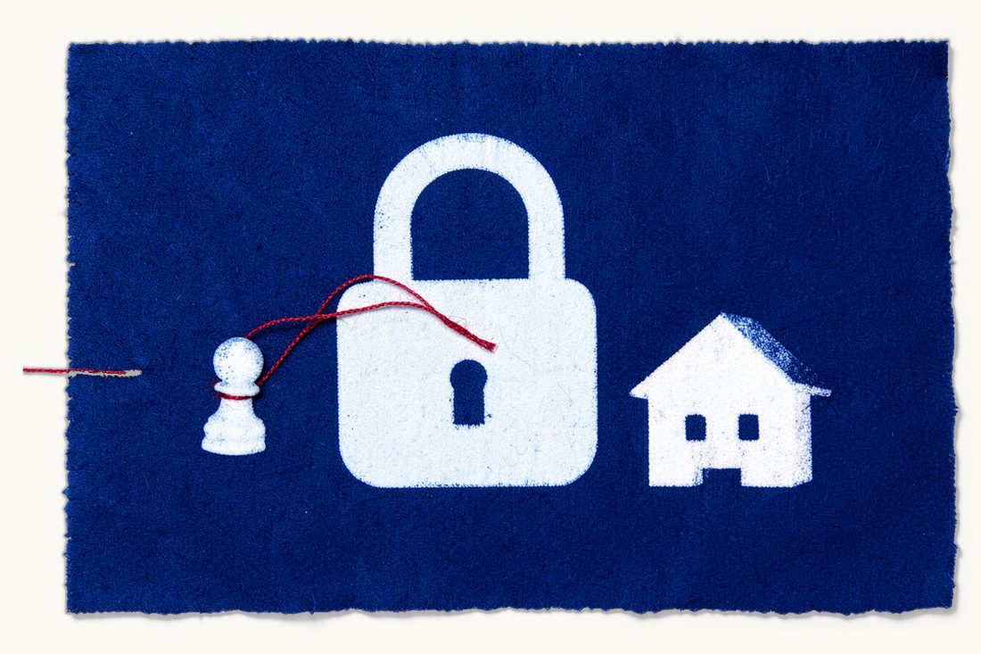 Banking, finance and fintech law in Türkiye: a large closed padlock beside a small pitched-roof house, a red thread passing through the padlock from a chess pawn to the house, cyanotype print