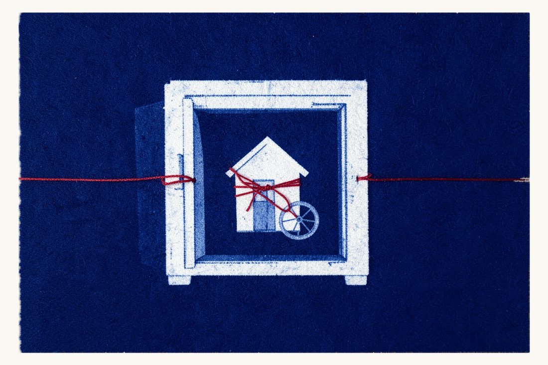 Lending and secured finance under Turkish law: a small house bound with a red thread inside a large open safe, cyanotype print