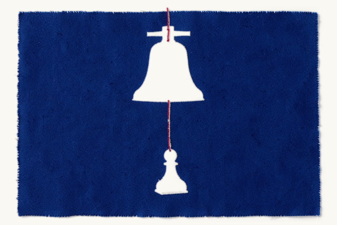 Securities offerings and the prospectus: a large hanging bell whose red pull thread reaches a chess pawn beside a blank booklet, cyanotype print