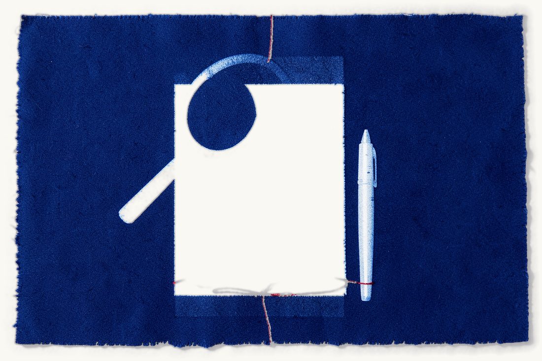 Commercial contracts drafted and reviewed: a large magnifying glass over a blank sheet, a fountain pen beside it and a red thread along its edge, cyanotype print