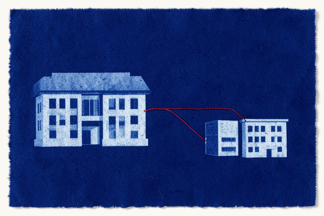 Zones, branches and other company structures in Türkiye: one large office block beside two smaller ones, a red thread splitting from the large block into two lines, one to each small block, cyanotype print