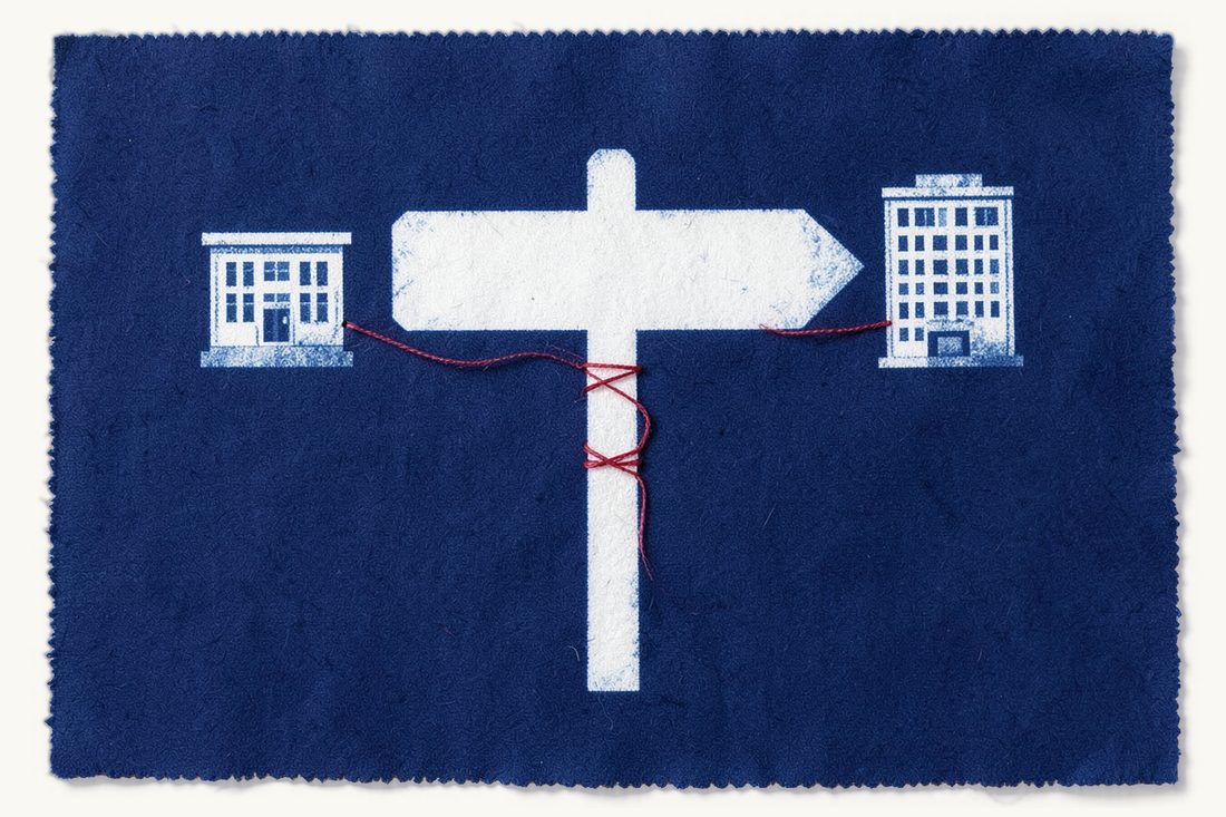 Choosing between an LLC and a joint-stock company in Türkiye: a large signpost with two blank arms pointing to a low and a tall office block, cyanotype print