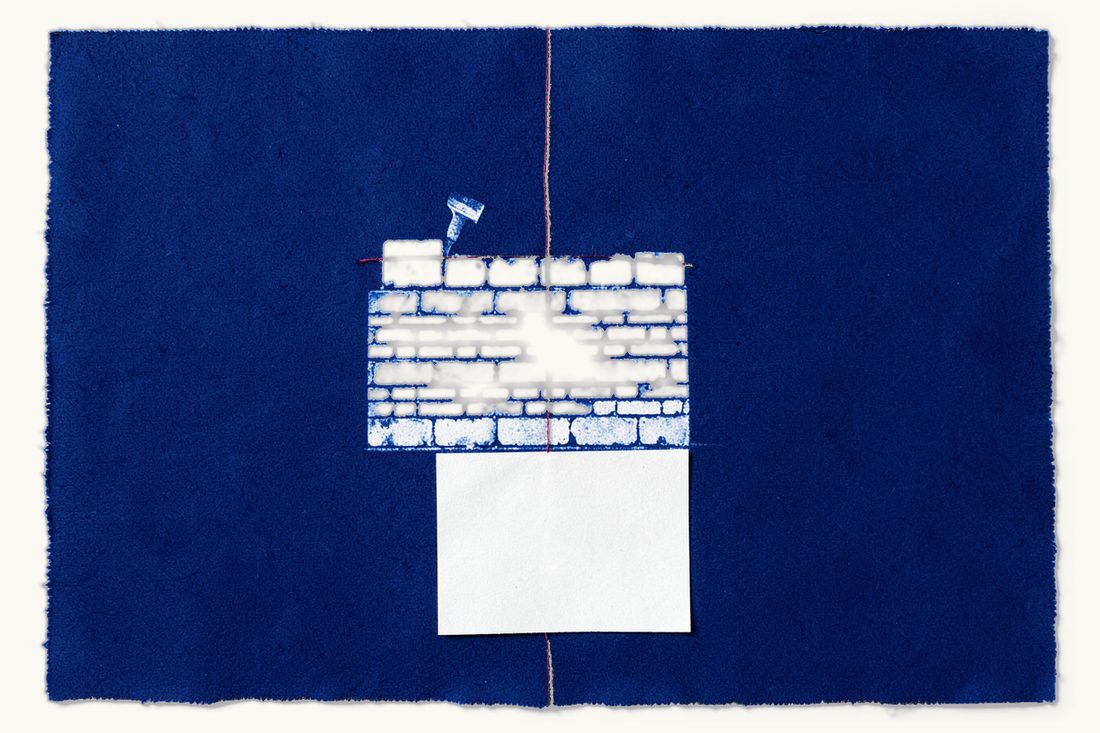 The construction contract as a promise of a finished result: a half-built brick wall with a trowel, the red thread outlining the unbuilt top, a blank sheet below, cyanotype print