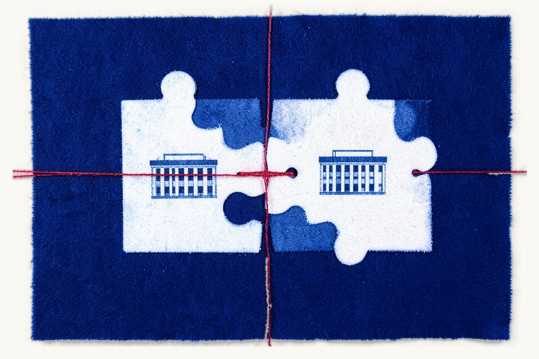 Corporate law and mergers and acquisitions in Türkiye: two interlocking puzzle pieces each bearing an office block, joined along a red thread, cyanotype print