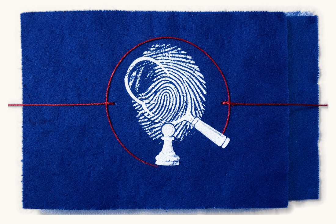 Criminal defence for foreigners in Türkiye: a large fingerprint under a magnifying glass, a chess pawn inside a protective red-thread circle, cyanotype print