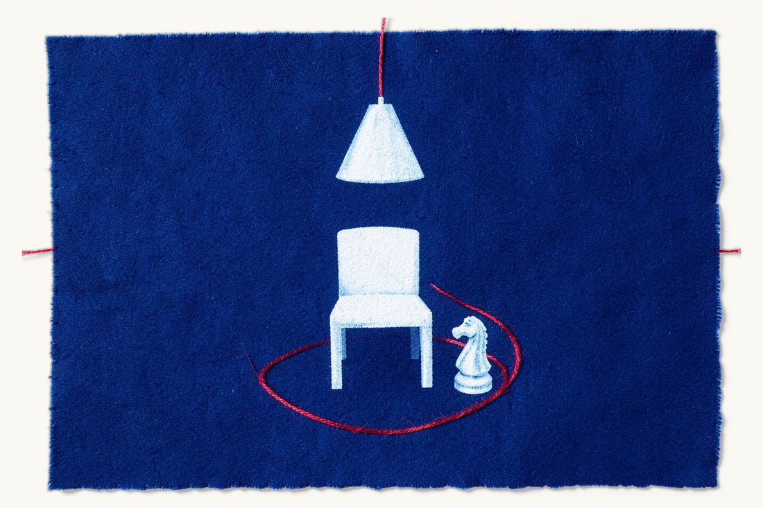 Criminal defence for foreigners in Türkiye: a bare lamp over an empty chair, a red-thread circle around it guarded by a chess knight, cyanotype print