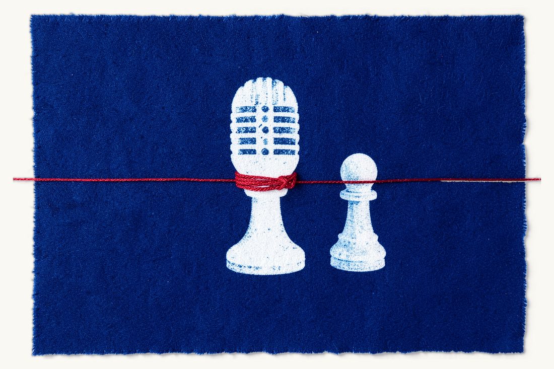 The police statement and the right to silence: a desk microphone with a red thread knotted tightly around its head, facing a chess pawn, cyanotype print