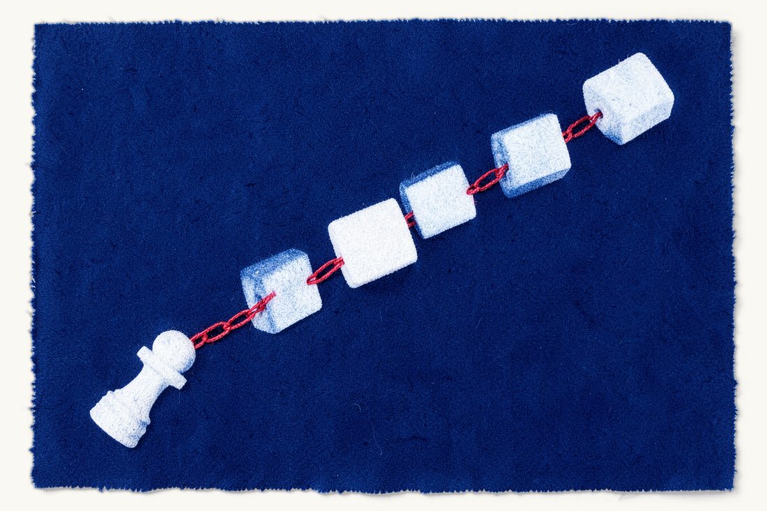 Crypto and blockchain law in Türkiye: a chain of plain blocks joined by links, threaded with a red thread and ending at a chess pawn, cyanotype print