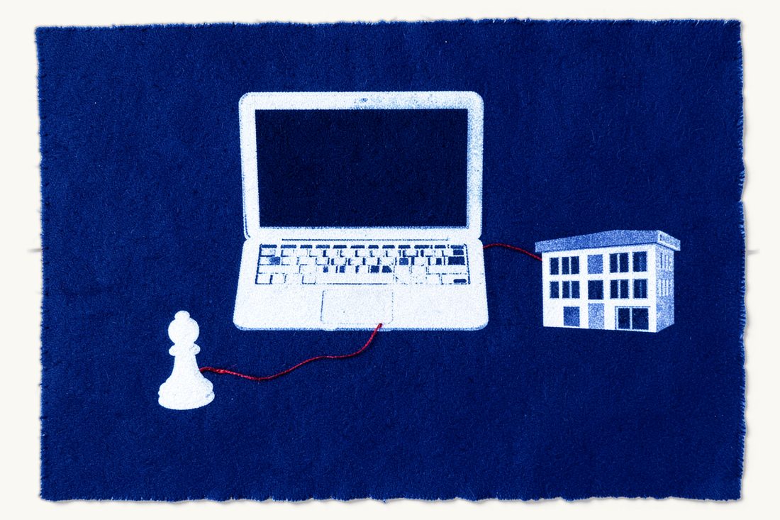 Licensing a crypto-asset service provider: an open laptop with a dark blank screen beside a small office block, a red thread linking the laptop, the block and a chess pawn, cyanotype print
