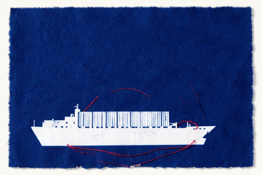 Customs clearance and authorised operator status in Türkiye: a cargo ship carrying a stack of shipping containers, a red thread forming a closed ring around the stack with one small gap facing the right edge, cyanotype print