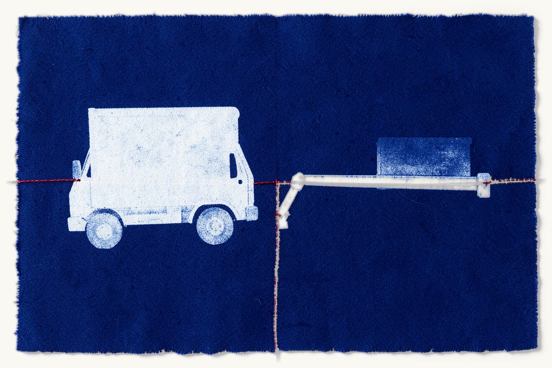 Customs and international trade law in Türkiye: a delivery truck halted at a lowered road barrier, a red thread tying the barrier to a crate on board, cyanotype print