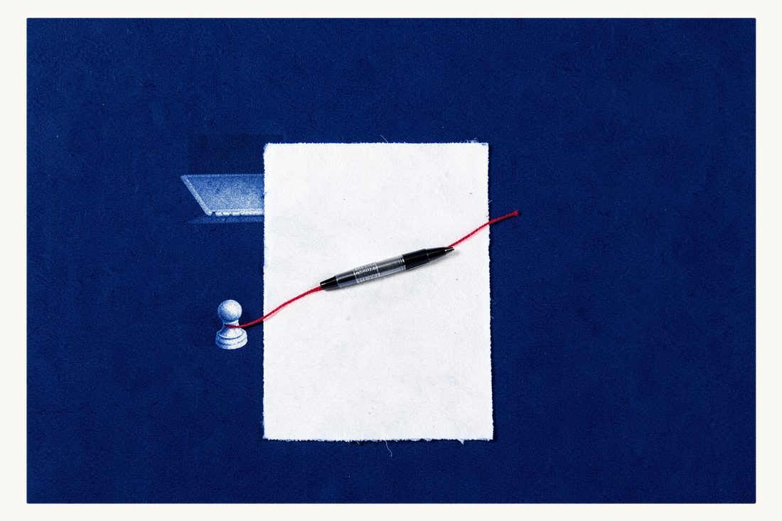 Explicit consent to processing personal data: a blank sheet of paper with a fountain pen across it, a red thread from the pen to a small chess pawn, a laptop behind, cyanotype print