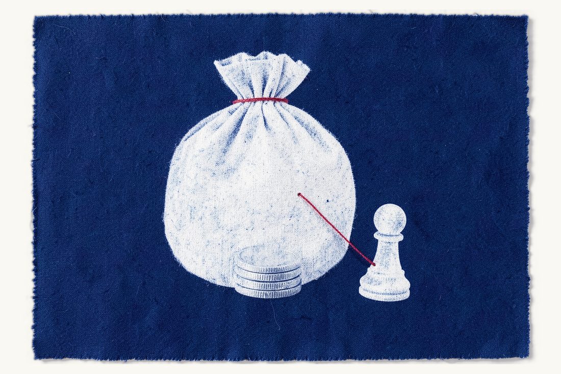 Recovering money owed in Türkiye through formal enforcement: a large cloth money sack tied at the neck with a short stack of coins at its foot, a red thread leading to a small chess pawn, cyanotype print