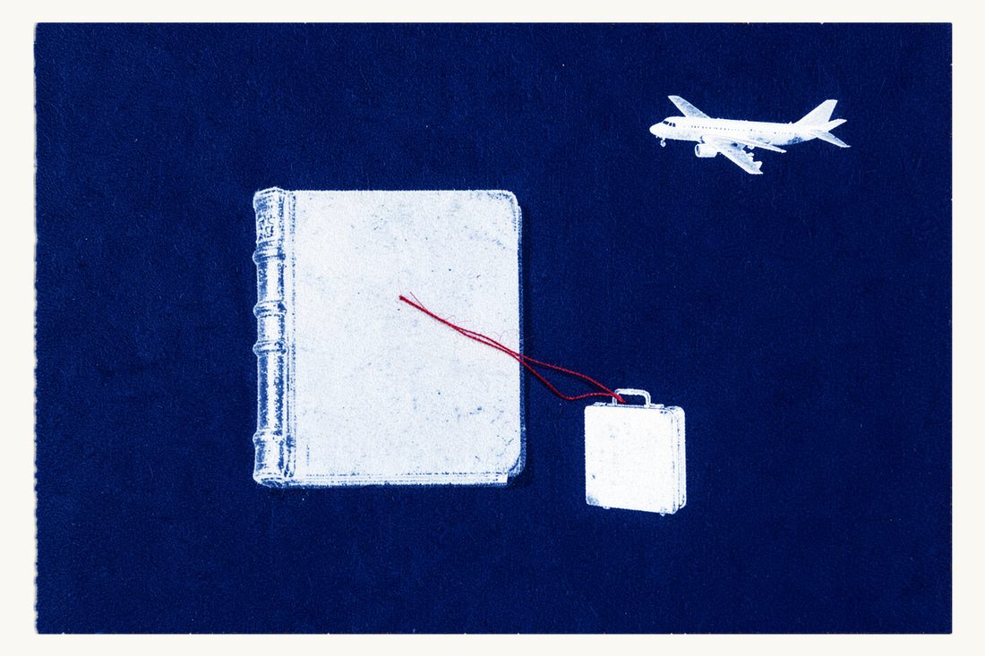 A timely court challenge holds a deportation back: a red thread tying a small suitcase to a thick closed book, a plane waiting far off, cyanotype print